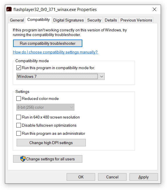 Flash player installer Windows 7 compatibility mode